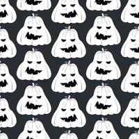 Nahtloses Muster mit weißer Silhouette eines Kürbisgesichtes mit schwarzen Augen für Halloween auf dunklem Hintergrund vektor