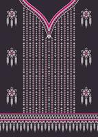 Ethno-Ausschnitt, feminines Kleid, Stickerei, Blumenform, rosa Farbdesign auf schwarzem Hintergrund. vektor
