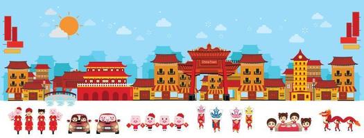 Kina stad och gammal arkitektur med drakdans. vektor illustration