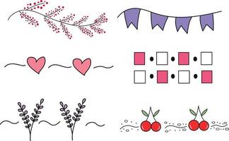 Teiler-Doodles-Sammlung. Zweig mit Beeren, Fahnen, Herzen, Quadraten, Lavendel, Kirsche vektor