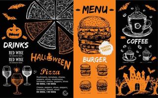 Restaurant-Café-Menü, Vorlagendesign, Halloween-Menü, Lebensmittel-Flyer. vektor