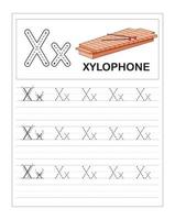 Übungsblätter zum Nachzeichnen des bunten Alphabets für Kinder, x steht für Xylophon vektor