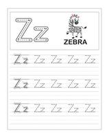 barns färgglada alfabetspårningsövningar, z är för zebra vektor