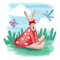 en kaninflicka i en röd klänning sitter på gräsmattan vektor