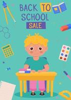 zurück zum schulbannerdesign mit buntem lustigem schulcharakter, bildungsgegenständen. bunte Back-to-School-Vorlagen für Einladung, Poster, Banner, Promotion, Verkauf usw. vektor