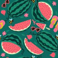 nahtloses Muster mit Wassermelonen auf grünem Hintergrund. Vektorgrafiken. vektor