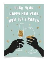 gott nytt år roliga gratulationskort linjekonst illustration vektor design. inbjudan till fest. händer som håller glas vin och champagne. Skål