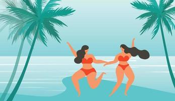 vackra bikini kvinnor dansar glatt på sunset beach bakgrund. sommarlov och sola på stranden koncept vektor
