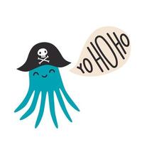 söt bläckfisk i piratmössa med bokstäver yohoho. vektor illustration