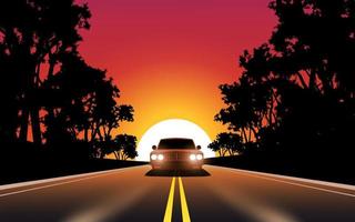 Auto-Sonnenuntergang-Fahrvektor-Illustration. Ein Auto, das bei Sonnenuntergang auf der Autobahn fährt vektor