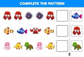 Lernspiel für Kinder Vervollständigen Sie das Muster, logisches Denken, finden Sie die Regelmäßigkeit und setzen Sie die Reihenaufgabe mit niedlichen Unterwassertierfiguren fort vektor