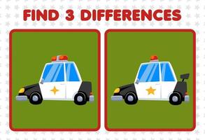 Lernspiel für Kinder Finden Sie drei Unterschiede zwischen zwei niedlichen Transportpolizeiautos vektor