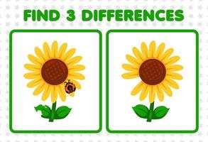 Lernspiel für Kinder Finden Sie drei Unterschiede zwischen zwei niedlichen Sonnenblumen vektor