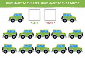 Lernspiel für Kinder zum Zählen des linken und rechten Bildes mit niedlichem Cartoon-Jeep-Auto vektor