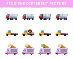 utbildning spel för barn hitta olika bild i varje rad transport pickup glassbil vektor