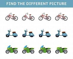 utbildning spel för barn hitta olika bild i varje rad transport cykel skoter motorcykel vektor
