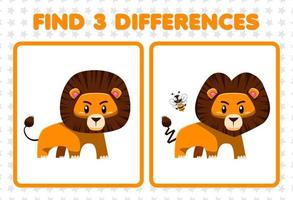 Lernspiel für Kinder Finden Sie drei Unterschiede zwischen zwei niedlichen Löwen vektor
