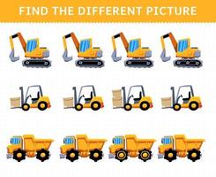 Lernspiel für Kinder Finden Sie das unterschiedliche Bild in jeder Reihe Transportbagger Gabelstapler Muldenkipper vektor