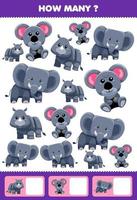 utbildningsspel för barn som söker och räknar aktivitet för förskolan hur många söta gråa djur noshörning koala elefant vektor