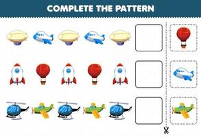 Lernspiel für Kinder Vervollständigen Sie das Muster logisches Denken finden Sie die Regelmäßigkeit und setzen Sie die Reihenaufgabe mit fliegendem Transport fort vektor