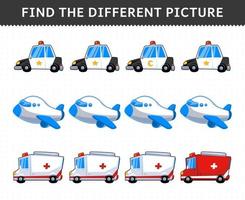 Lernspiel für Kinder Finden Sie das unterschiedliche Bild in jeder Reihe Transport Polizeiauto Flugzeug Krankenwagen vektor