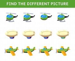 Lernspiel für Kinder Finden Sie das andere Bild in jeder Reihe Transporthubschrauber Zeppelinflugzeug vektor