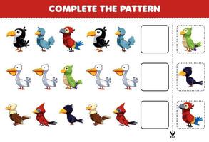 Lernspiel für Kinder Vervollständigen Sie das Muster logisches Denken Finden Sie die Regelmäßigkeit und setzen Sie die Reihenaufgabe mit niedlichem Vogelcharakter fort vektor