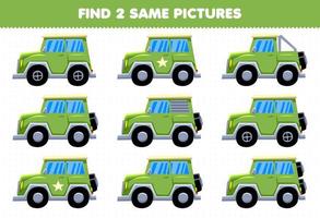 utbildning spel för barn hitta två samma bilder transport jeep bil vektor