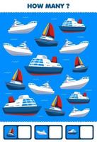 Bildungsspiel für Kinder, die Aktivität für die Vorschule suchen und zählen, wie viele Wassertransporte Ozeanschiff Yacht Segelboot vektor