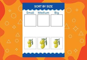 Sortieren Sie Bilder nach Größe mit Früchten. pädagogisches arbeitsblatt für kinder vektor