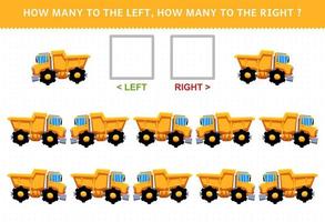 Lernspiel für Kinder zum Zählen des linken und rechten Bildes mit niedlichem Cartoon-Muldenkipper vektor