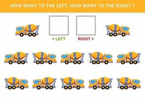 Lernspiel für Kinder zum Zählen des linken und rechten Bildes mit niedlichem Cartoon-Konzentrat-Mischwagen vektor
