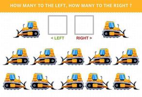 Lernspiel für Kinder zum Zählen des linken und rechten Bildes mit niedlichem Cartoon-Bulldozer vektor