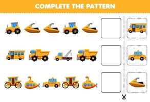 utbildning spel för barn slutföra mönstret logiskt tänkande hitta regelbundenhet och fortsätta rad uppgiften med gula transporter vektor