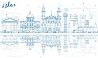 skissera Lissabons silhuett med blå byggnader och reflektioner. vektor
