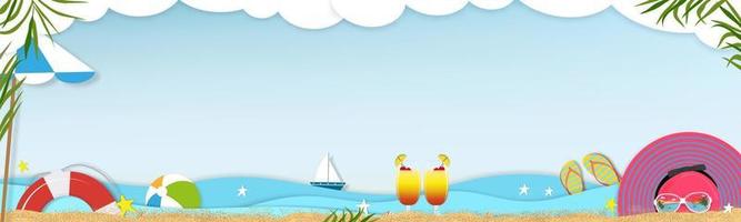 Sommerhintergrund-Strandurlaub-Feiertagsthema mit blauer Meereswellenschicht, Vektor-Panorama-Banner-Hintergrund flach lag Papierschnitt aus tropischem Sommerdesign mit Palmblatt auf Wolke und Strandsand vektor