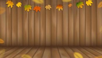 Herbstblatt, das auf braunem Holzhintergrund hängt, Vektorgrafik 3D-Studioraum mit Perspektive, warmer Holzboden, Textur. Herbsthintergrund-Banner mit bunten Blättern auf Holzwand