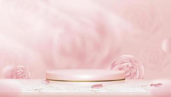3D-Studioraum, rosa Podiumsanzeige mit verschwommenem englischem Rosenhintergrund, Vektorzylinder auf verschwommener Frühlingsblume, süßes rosa Pastellhintergrundbanner für Schönheitsprodukt, Muttertag, Valentinstagkonzept vektor