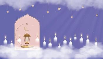 islamisk podium med traditionell islamisk lykta med halvmåne, ljus och stjärna på lila bakgrund, vektor muslimska religioner, eid mubarak, ramadan kareem, eid al fitr, eid al adha, happy muharram