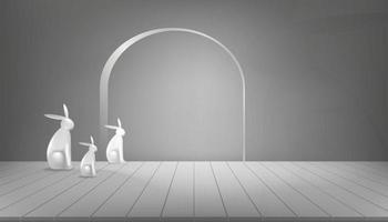 studiozimmer mit 3d-kaninchenfamilienstatue auf holzplatte mit dunkelgrauem wandhintergrund.vektorillustration mit grauem boden mit licht und schatten auf der wandtafel.minimales modernes designkonzept vektor