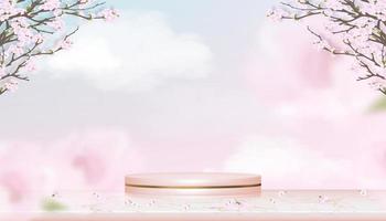 podium display mit frühling apfelblüte auf blauem und rosa pastellhimmel hintergrund, vektor realistische 3d von rosa gold zylinder standplattform auf rose goldfolie marmor mit blühenden zweigen rosa sakura