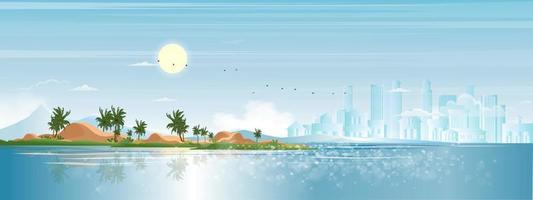 Meereslandschaft blauer Ozean, Kokosnusspalme auf der Insel im Frühling, Meeresstrandlandschaft und moderne Gebäude mit Himmel und Wolken am Morgen, Vektorschöne Naturküste für den Sommerurlaubshintergrund vektor