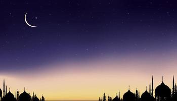 islamische karte mit silhouette kuppelmoscheen, halbmond auf orangefarbenem himmelhintergrund, vetor ramadhan-nacht mit dämmerungshimmel für die islamische religion, eid al-adha, eid mubarak, eid al fitr, ramadan kareem vektor