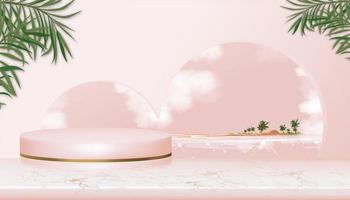 bakgrundsstudiorum med 3d-podium, tropiskt havslandskap på ön med rosa himmel, moln och kokospalmblad på väggbakgrund, illustrationsdisplay för vårens eller sommarens skönhetspresentation vektor