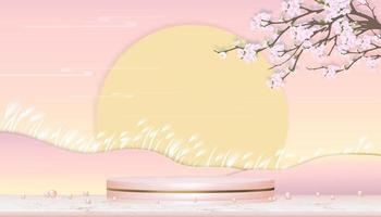 Atelierraum mit Podiumsanzeige, Apfelblüte auf rosafarbenem Pastellhintergrund, Vektor 3D-Frühlingshintergrundbanner aus rosafarbenem Goldzylinderständer auf roségoldfarbenem Marmorboden mit blühender Zweigrosa-Sakura