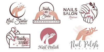 nagellack eller nagelsalong ikonuppsättning logotyp design manikyr nagellack och kvinnlig finger logotyp vektor