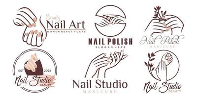 Nagellack oder Nagelstudio Icon Set Logo Design Maniküre Nagellack und weiblicher Finger Schriftzug vektor