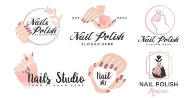 nagellack eller nagelsalong ikonuppsättning logotyp design manikyr nagellack och kvinnlig finger logotyp vektor