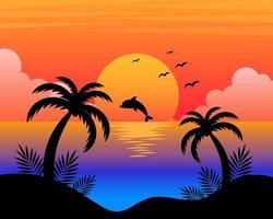 sommermeerblick, palmen, meer, delphin vor dem hintergrund des sonnenuntergangs. bunte illustration, vektor