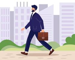 Ein junger Mann in Anzug und Aktentasche eilt zur Arbeit. städtische Landschaft. Illustration, ClipArt, Vektor